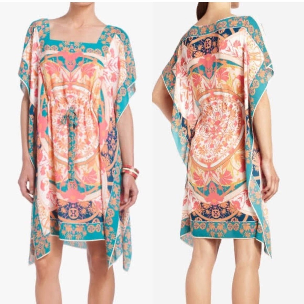 BCBGMAXAZRIA Iness Boho Kaftan Mini Knee Length
Printed Dress Pink Teal Size L